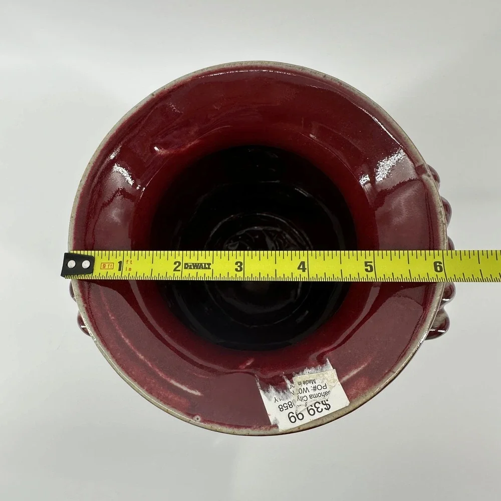 Burgundy Glazed Ceramic Fleur De Lis Vase with Scrolled Handles 12 Inch